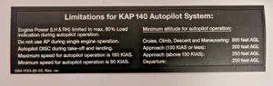 Diamond Aircraft D64-1133-20-03 Placard Limitation KAP140